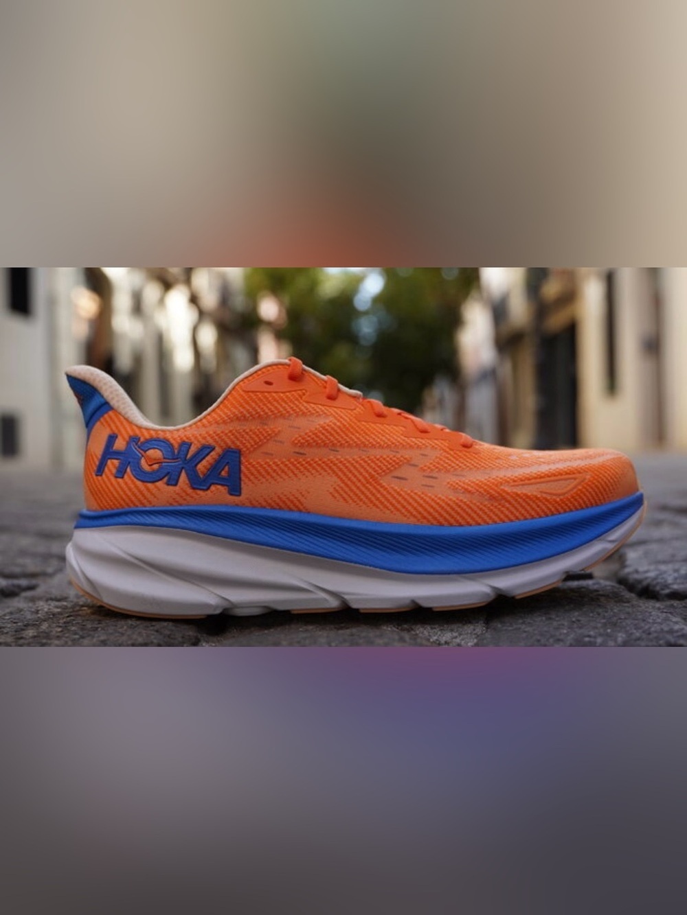 Hoka men size 11 Clifton 9 Orange and Blue Men's Running Shoe with White Midsole